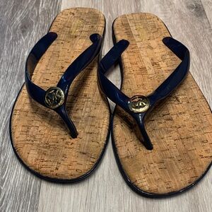 Michael Kors Navy Cork-Effect Flip Flops with Gold Logo-size 9